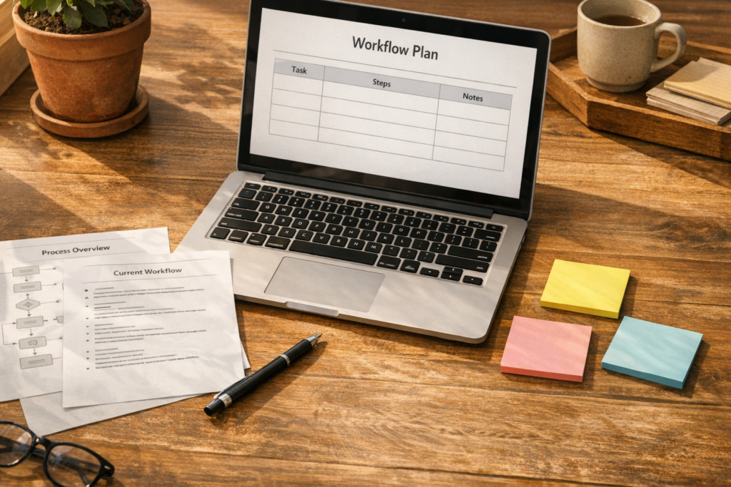 A calm office desk with printed process notes, sticky notes, and a laptop showing a simple planning document for AI workflow readiness.