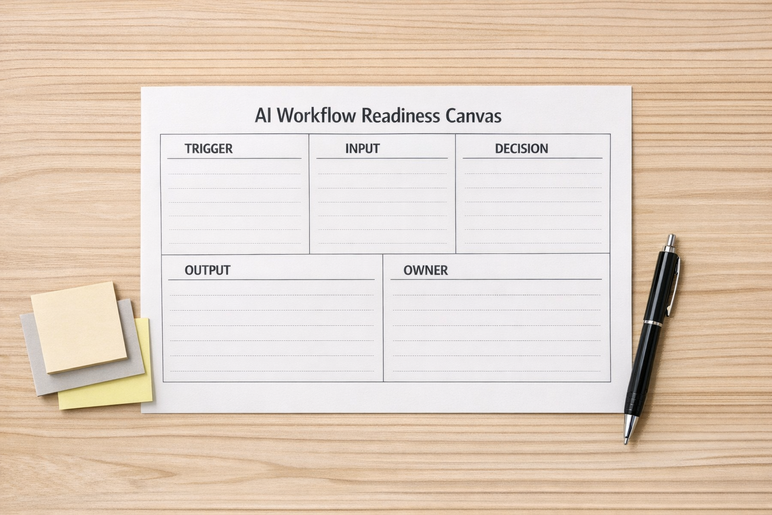 A printed AI workflow readiness canvas with sections for trigger, input, decision, output, and owner