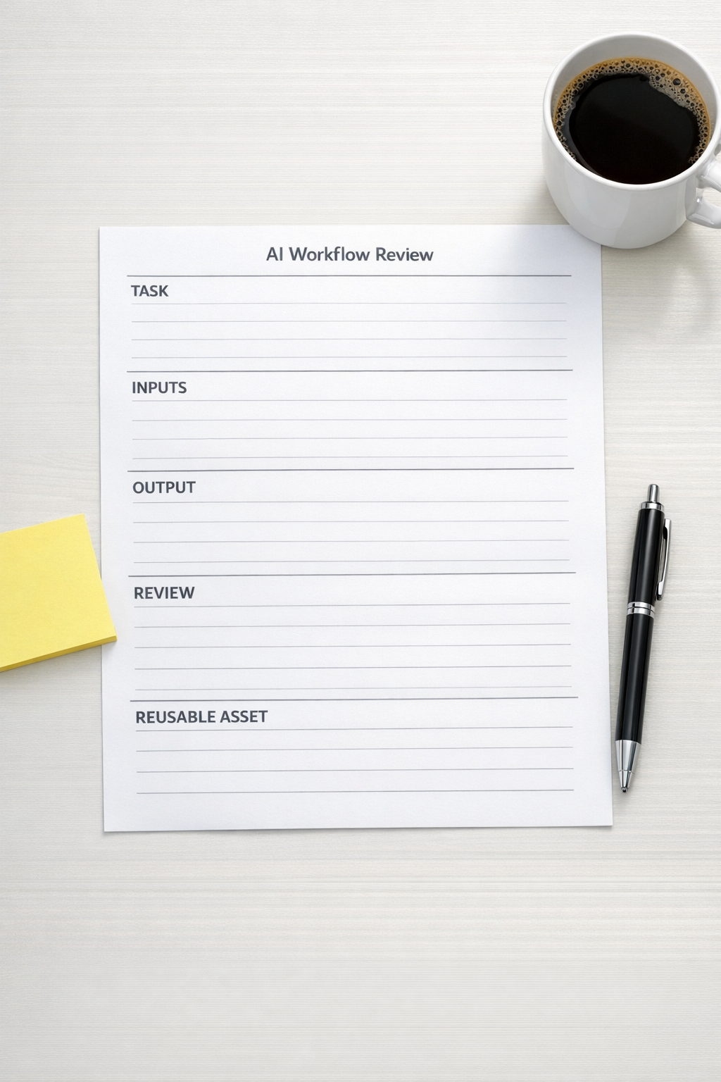 A simple printed AI workflow review sheet with sections for task, inputs, output, review, and reusable asset.