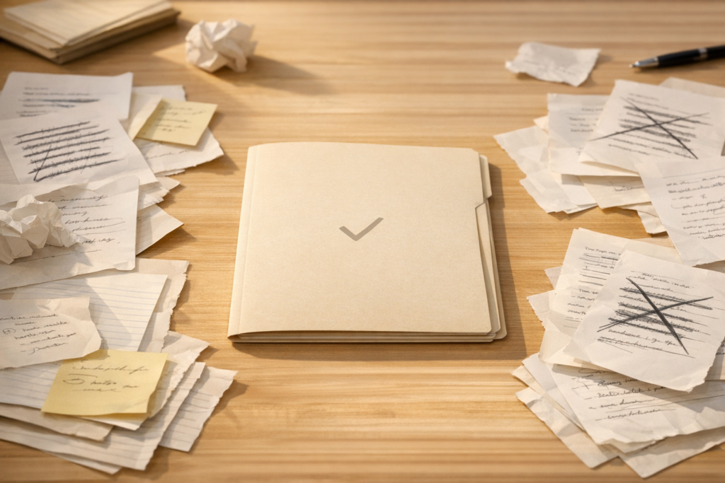 A calm office desk with one clearly marked master folder surrounded by outdated scattered notes, showing the need for one current AI workflow source.