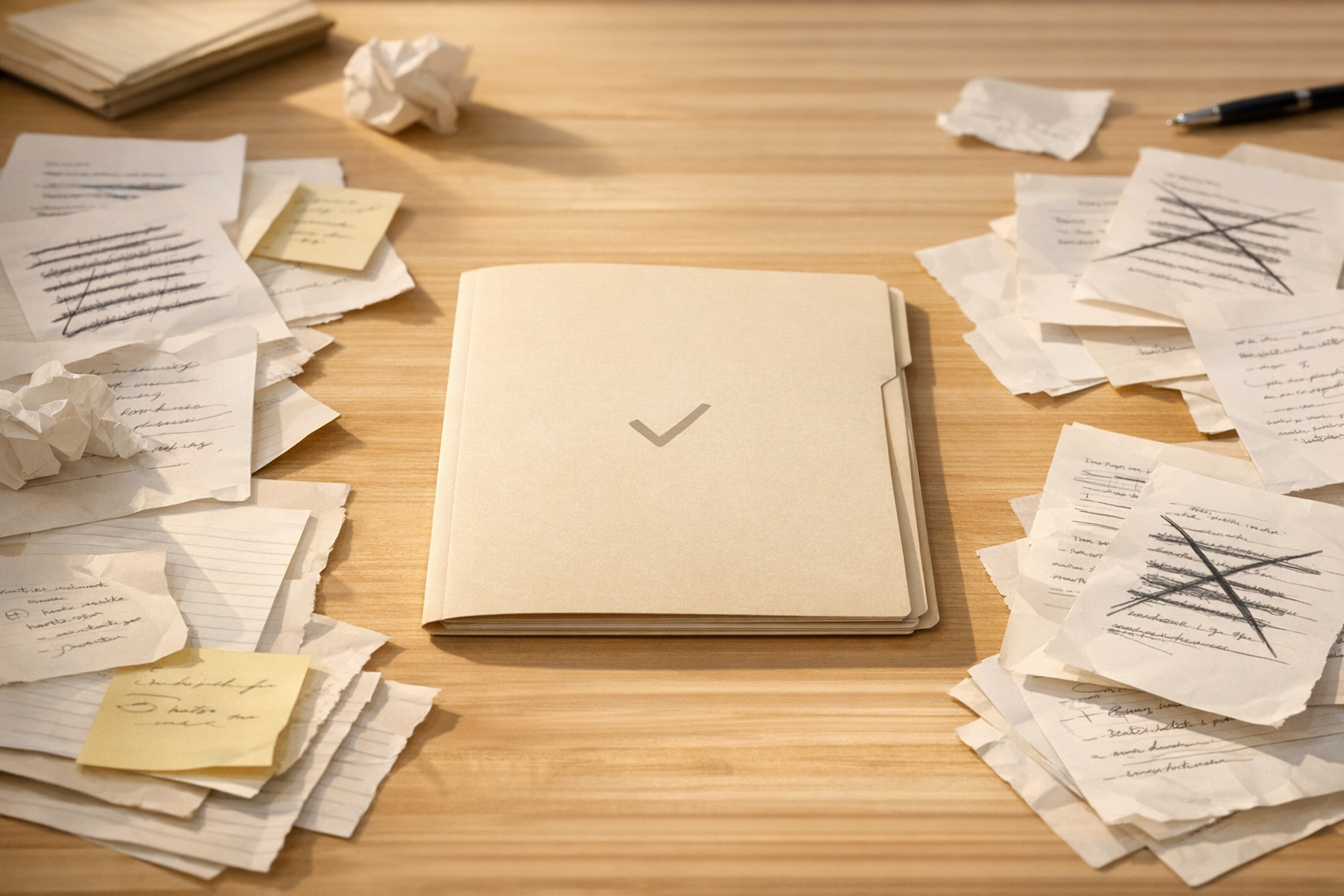 A calm office desk with one clearly marked master folder surrounded by outdated scattered notes, showing the need for one current AI workflow source.