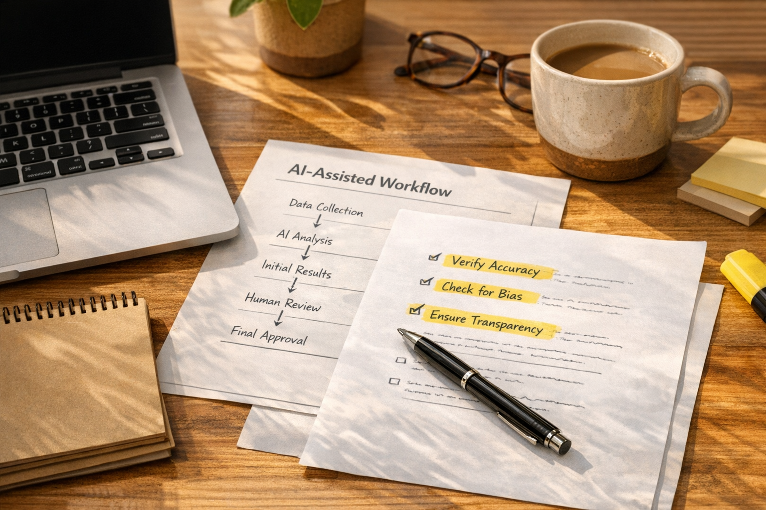 A calm office desk with printed workflow notes, a laptop, and marked review points for an AI-assisted business process.