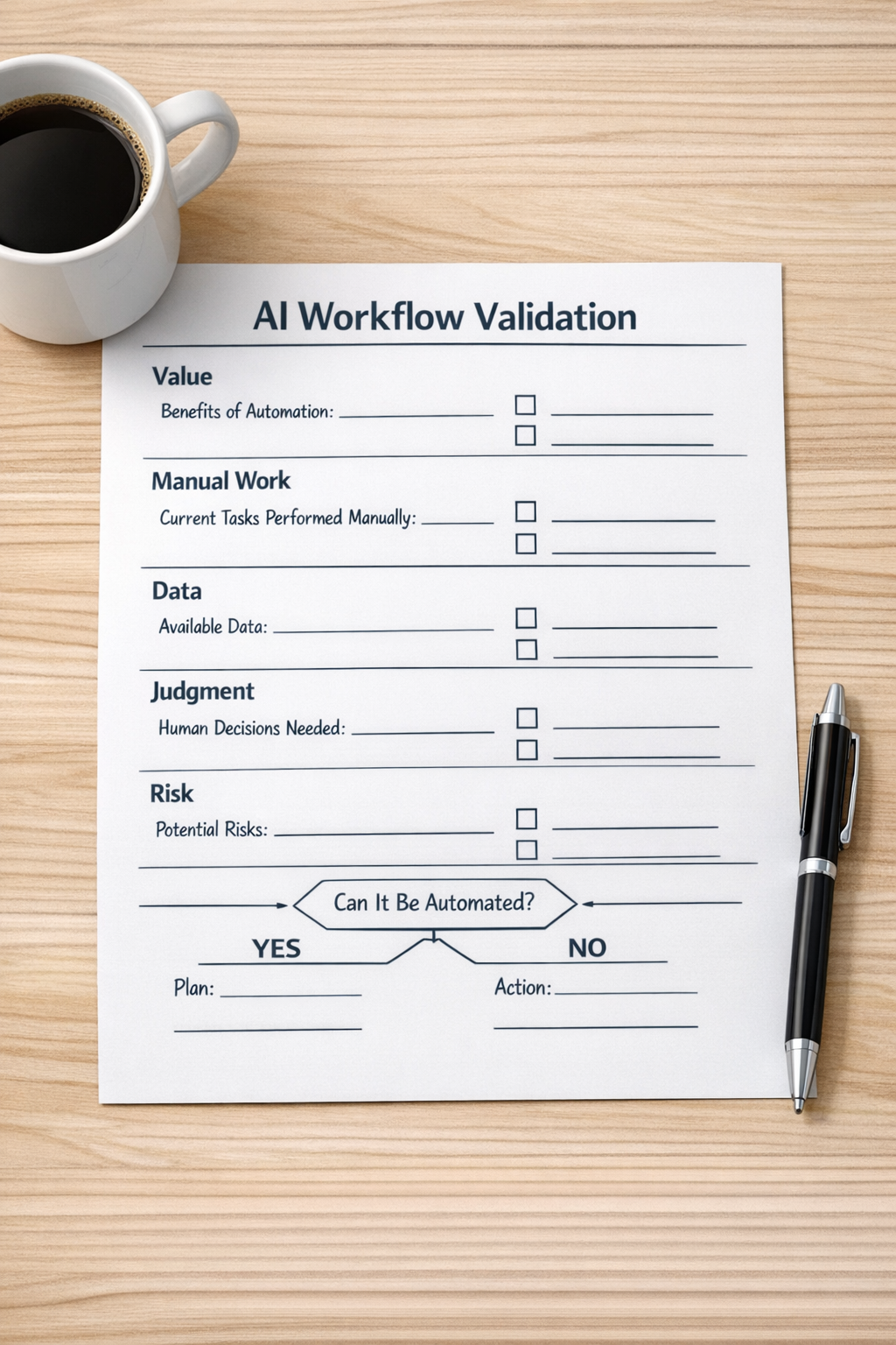 A printed AI workflow validation worksheet with sections for value, manual work, risk, and next action.