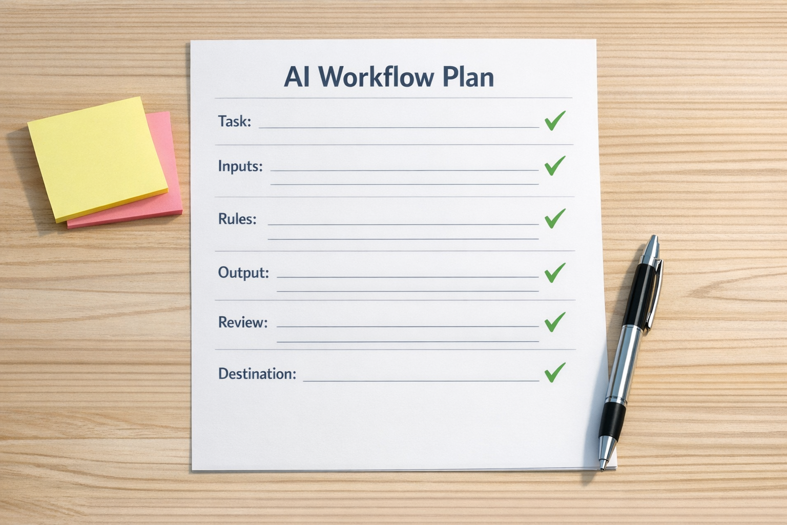 Printed AI workflow worksheet with sections for task, inputs, rules, review, and destination