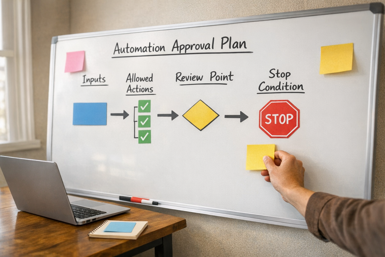 A workspace whiteboard showing an automation approval plan with inputs, allowed actions, and human review points.
