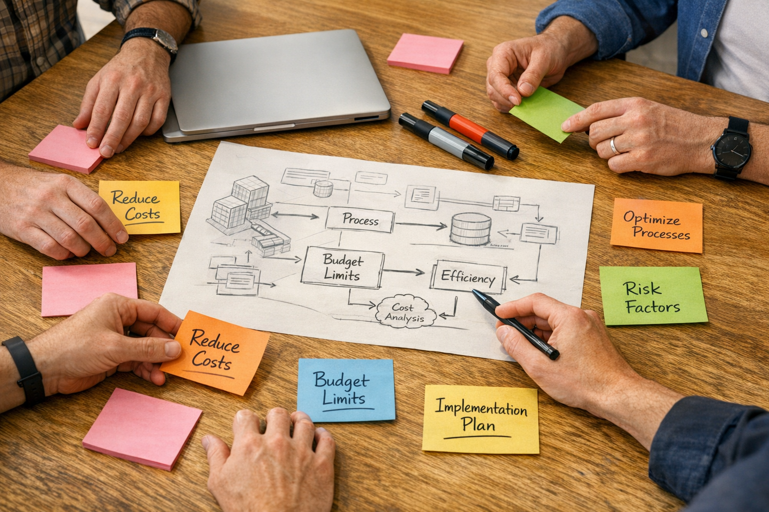 Hands arranging sticky notes and a workflow sketch on a table during practical automation cost planning.