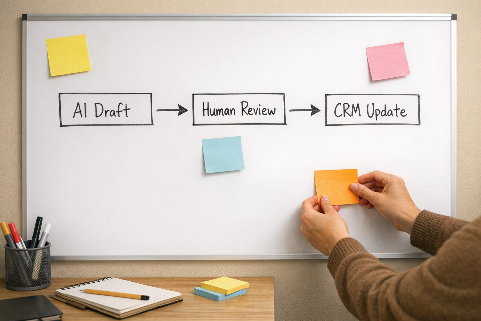 A whiteboard planning scene showing a simple automation handoff from AI draft to human review to CRM update.