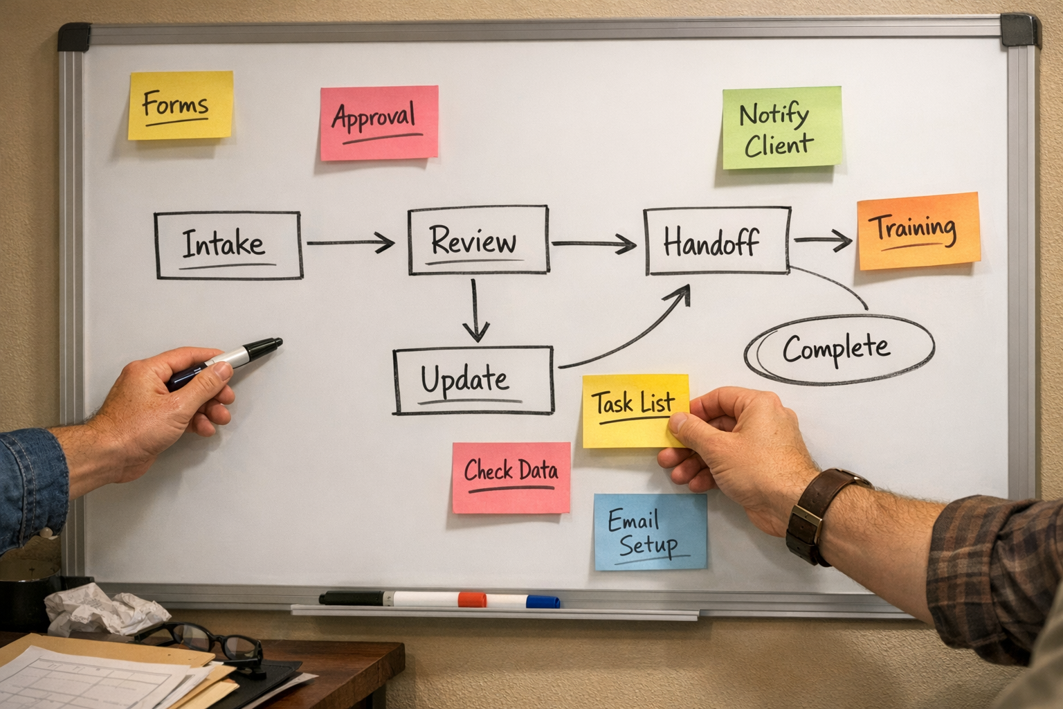 A team workspace with a whiteboard and sticky notes used to plan an operational automation handoff.