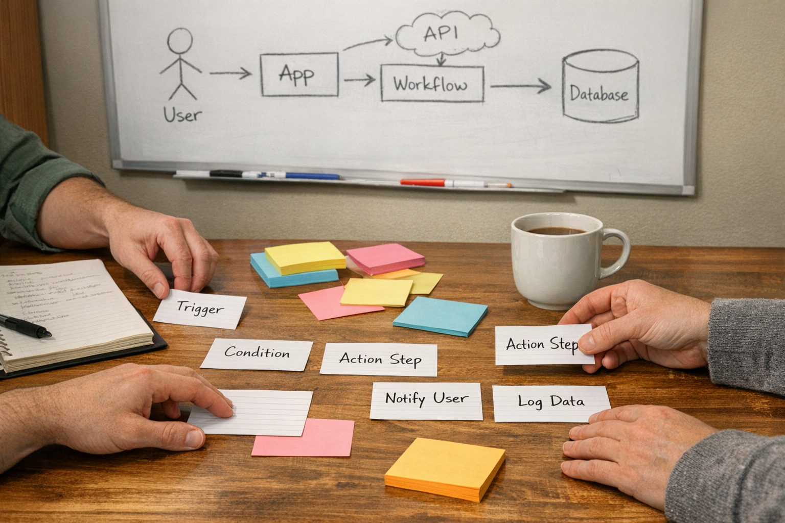 A workspace with sticky notes and a simple automation planning sketch for an AI-assisted business process