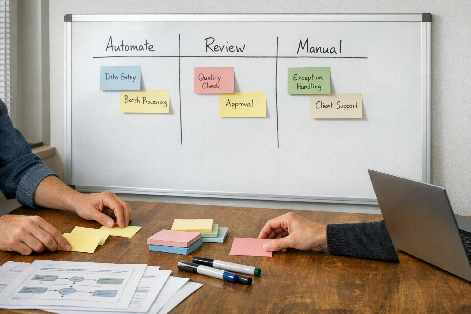 A team workspace with a whiteboard and printed notes used to plan which workflow steps should be automated and which need human review.
