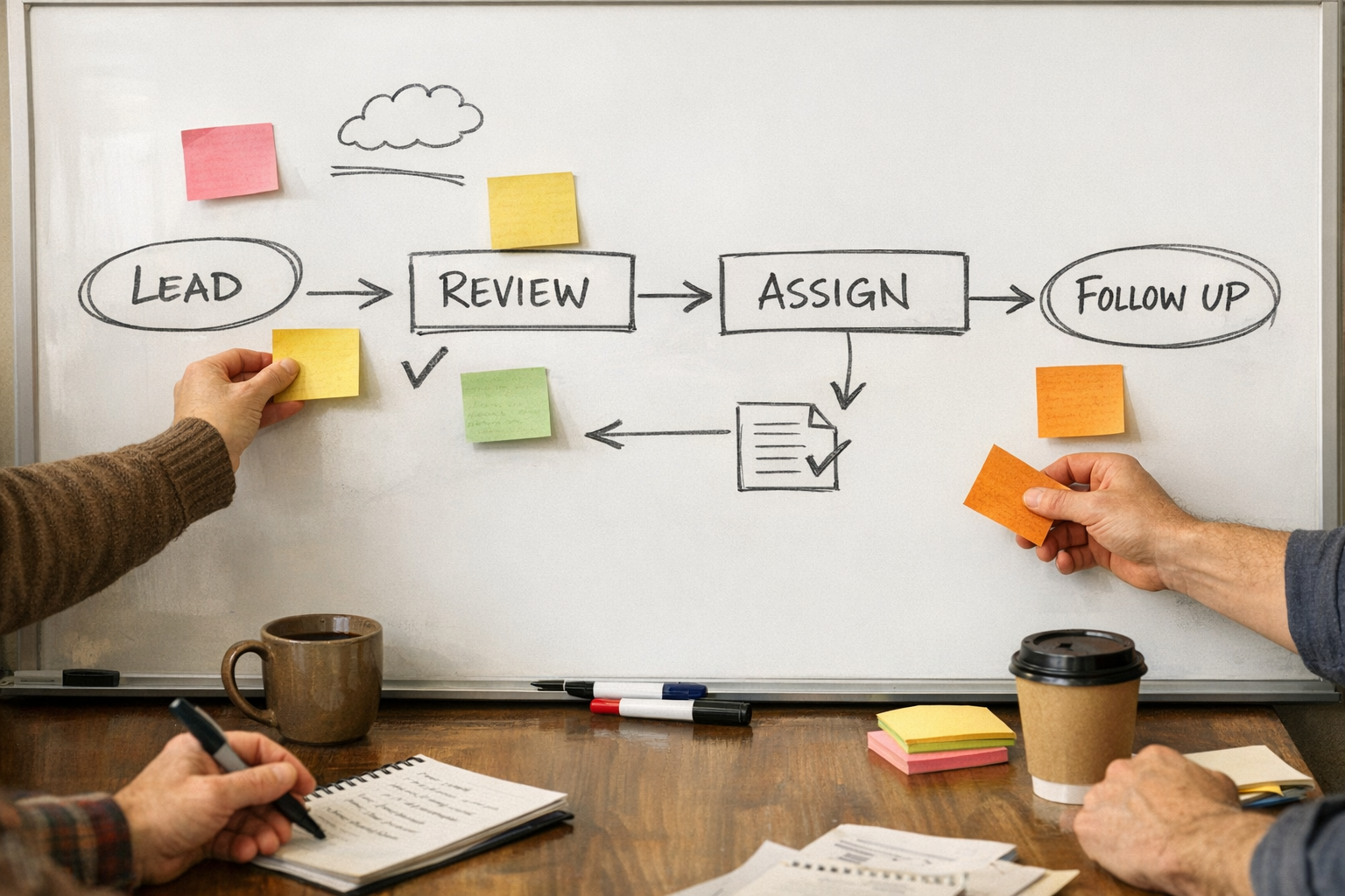 A workspace with a whiteboard sketch of a simple sales handoff process, sticky notes, and hands arranging workflow steps.