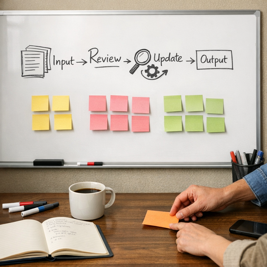 A team workspace with hands arranging sticky notes around an automation review board and implementation notes.