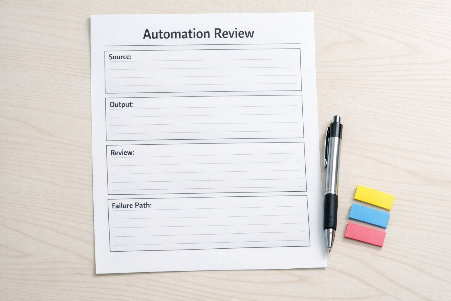 A printed automation review worksheet with sections for source data, output, human review, and failure paths.