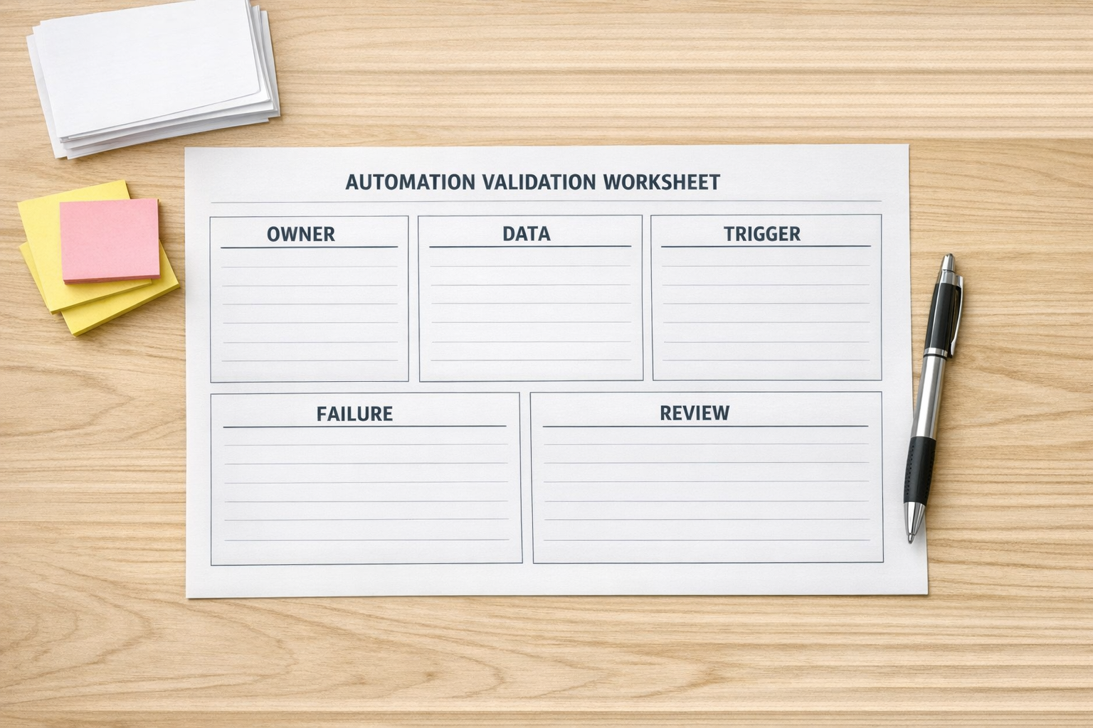 A printed automation validation worksheet with sections for owner, data, trigger, failure behavior, and review date.