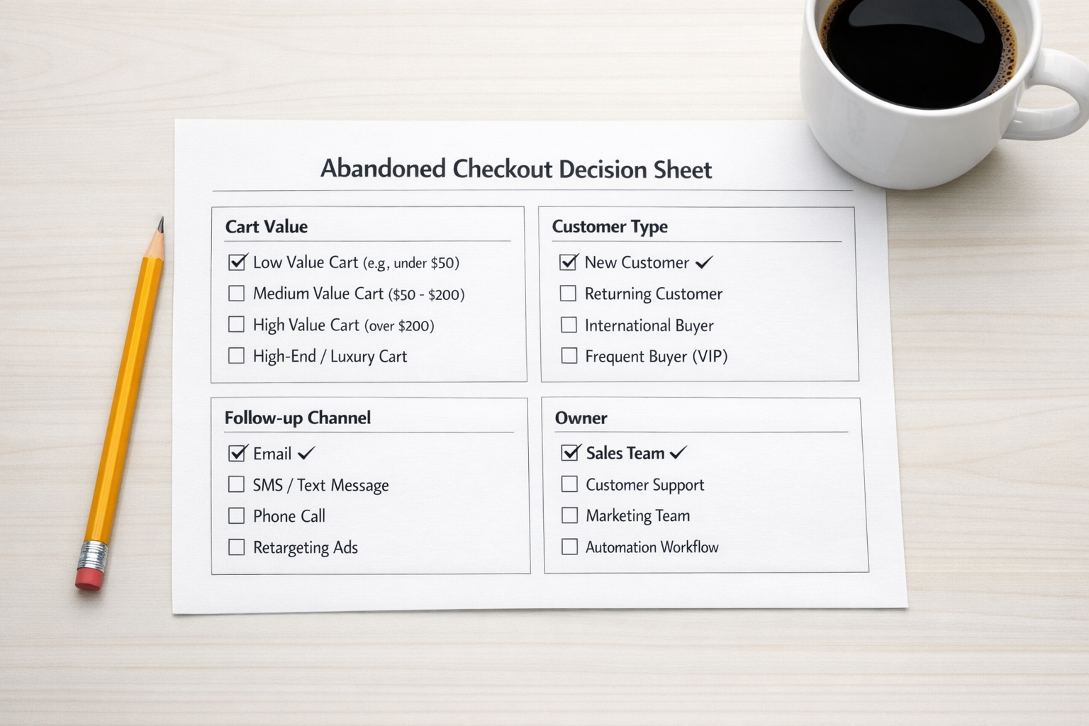 A printed abandoned checkout decision worksheet with sections for cart value, customer type, follow-up channel, and owner.