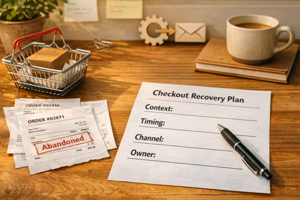 A calm ecommerce operations desk with a shopping basket, order notes, and recovery plan papers showing checkout follow-up context.
