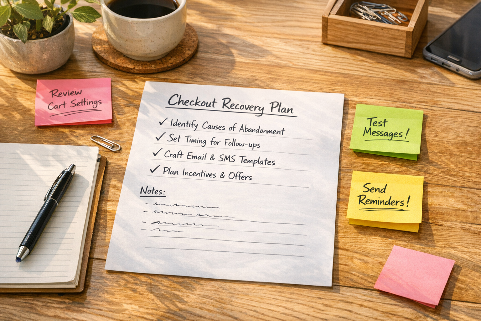 A calm office desk with a printed ecommerce checkout recovery plan, a notebook, and sticky notes showing recovery decisions.