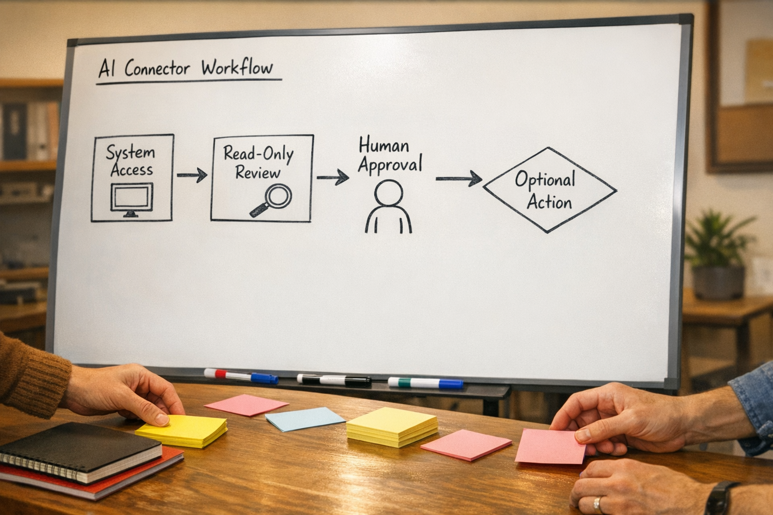 A team planning workspace with a whiteboard sketch showing read-only AI access, review steps, and approved workflow actions.
