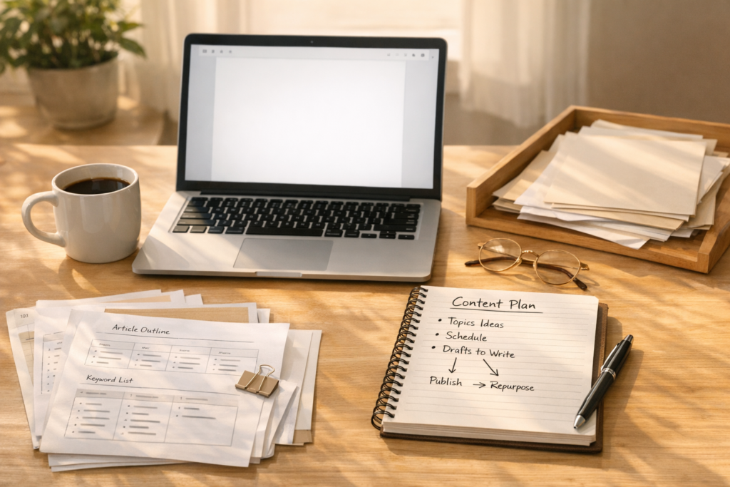 A calm desk with a notebook, printed notes, and a laptop showing a blank writing space ready to become a content workflow.