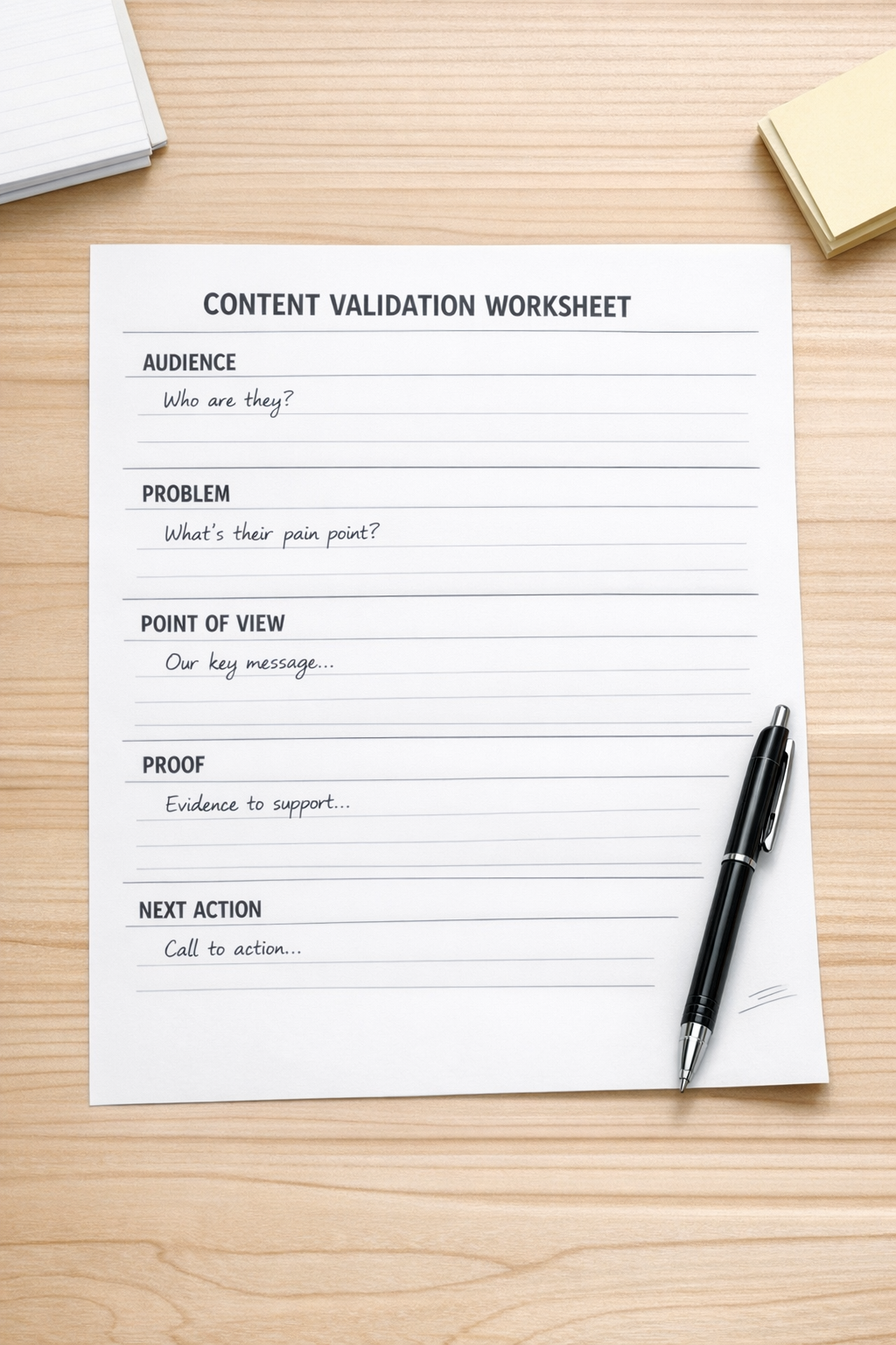 A printed content validation worksheet with simple sections for audience, problem, point of view, proof, and next action.
