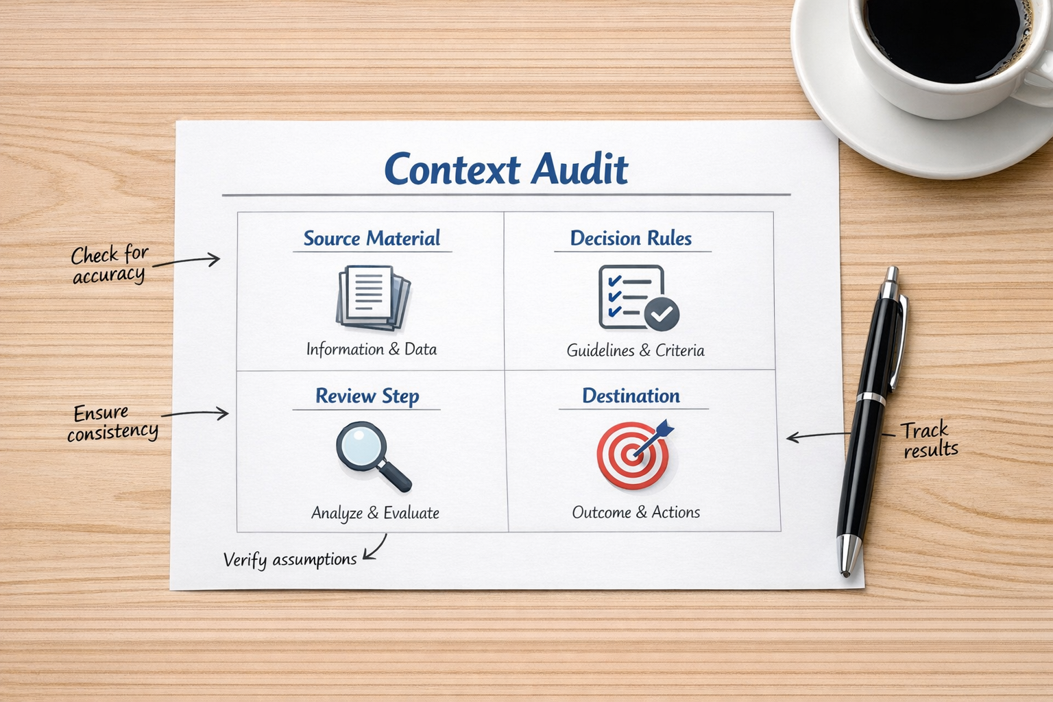 A simple printed worksheet for auditing AI workflow context, with sections for source material, decision rules, review steps, and output use.