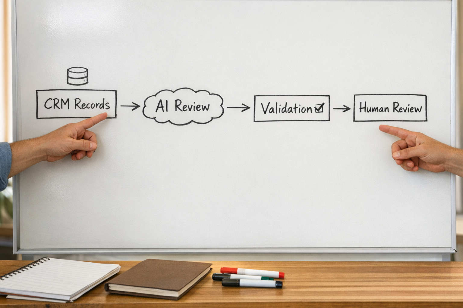 A team workspace with a whiteboard sketch showing how an AI agent reviews CRM records, validates decisions, and routes exceptions to a human.
