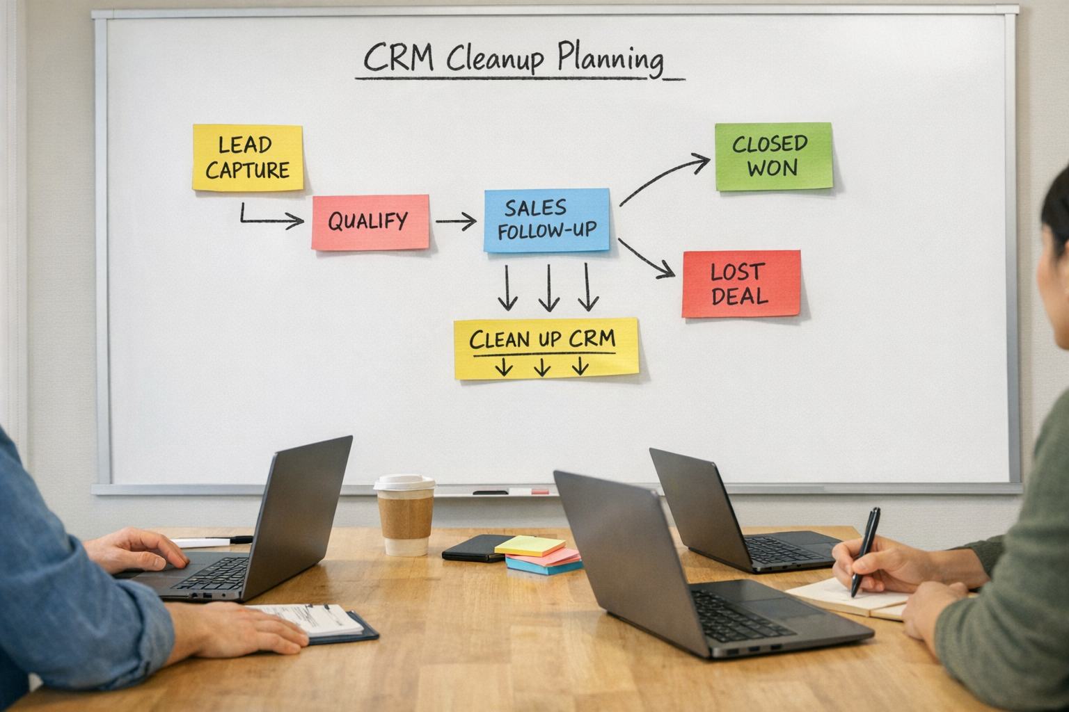 A team workspace with a whiteboard CRM cleanup plan, sticky notes, and open laptops without visible faces.