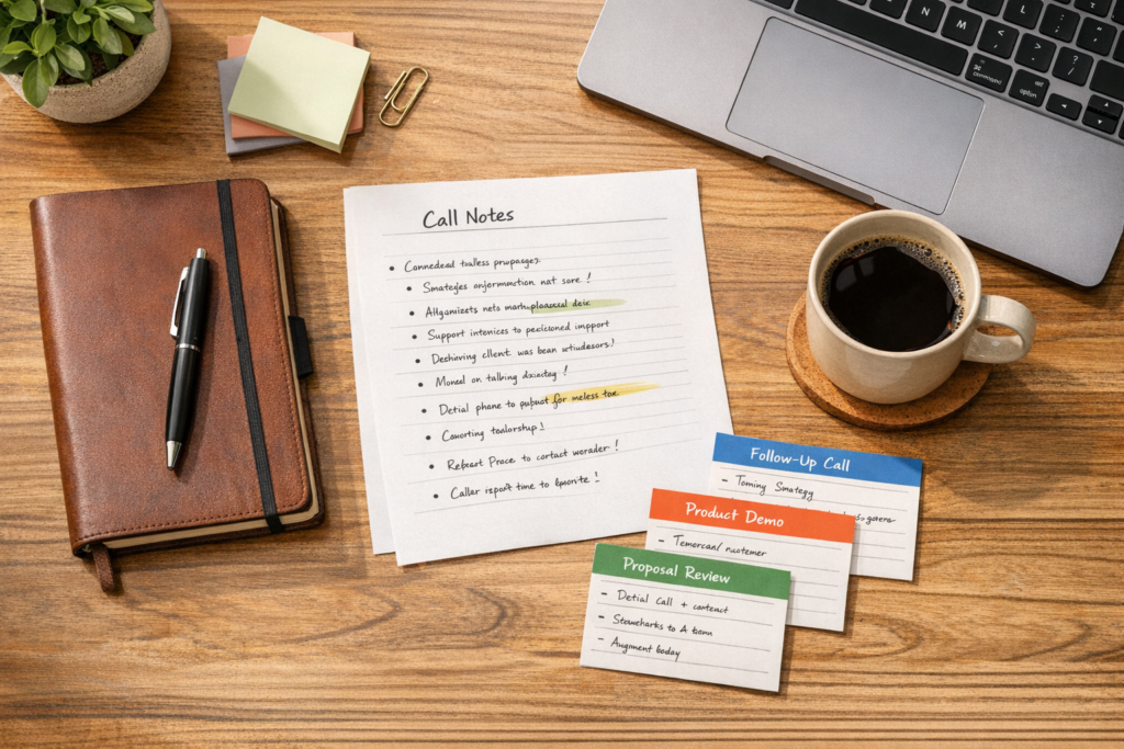 A calm office desk with call notes, a laptop, and organized client follow-up cards showing a cleaner CRM handoff process.