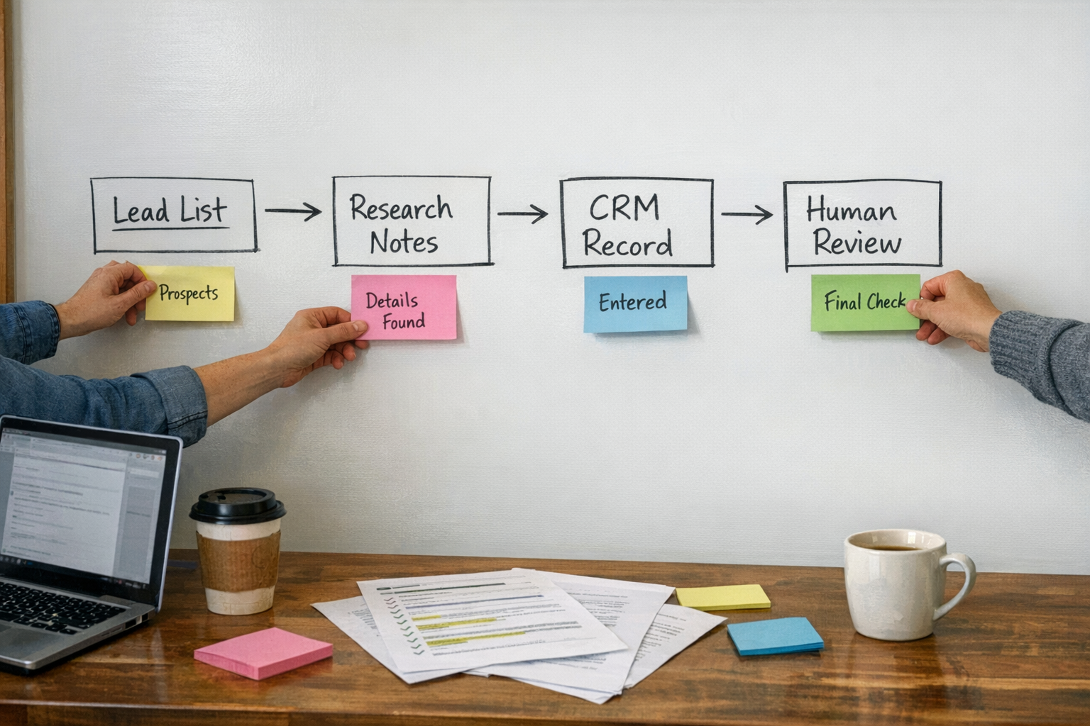 A team workspace with a whiteboard sketch showing lead research flowing into CRM updates and human outreach review.