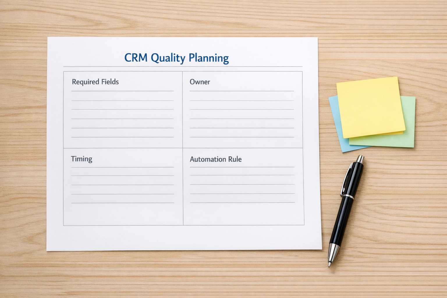 A printed CRM quality worksheet with simple sections for required fields, ownership, timing, and automation rules.