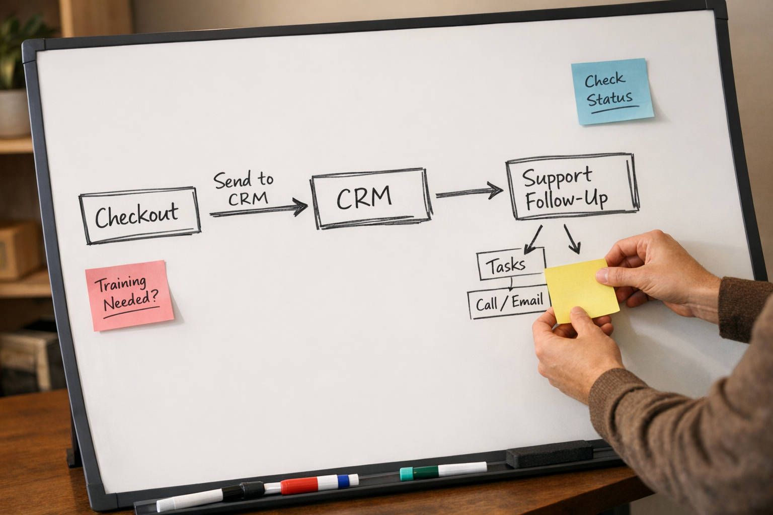 A whiteboard planning scene showing an ecommerce recovery handoff from checkout to CRM to support follow-up.