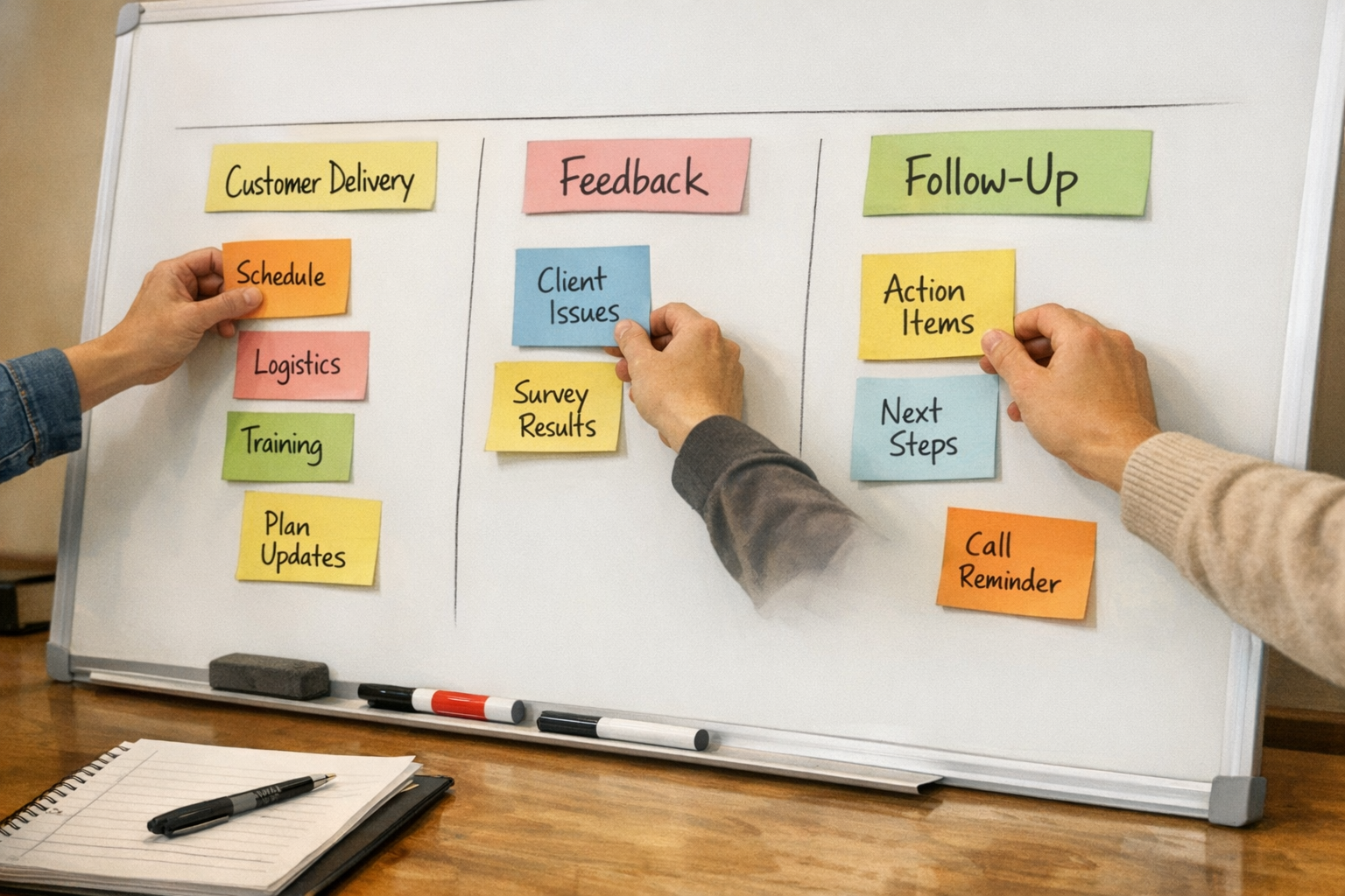 A team workspace with hands arranging sticky notes on a whiteboard for customer delivery, feedback, and follow-up planning.
