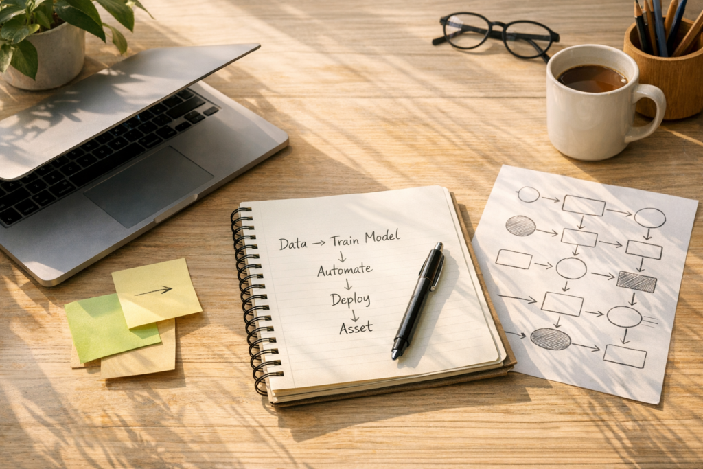 A calm office desk with a notebook, laptop, sticky notes, and printed process notes for building a daily AI workflow habit.