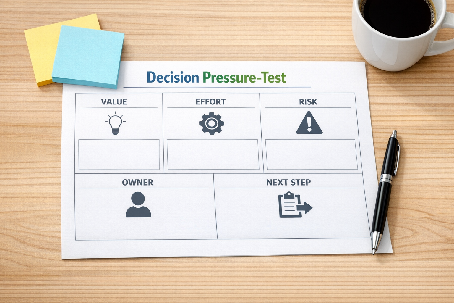 A printed decision pressure-test worksheet with simple sections for value, effort, risk, owner, and next step.