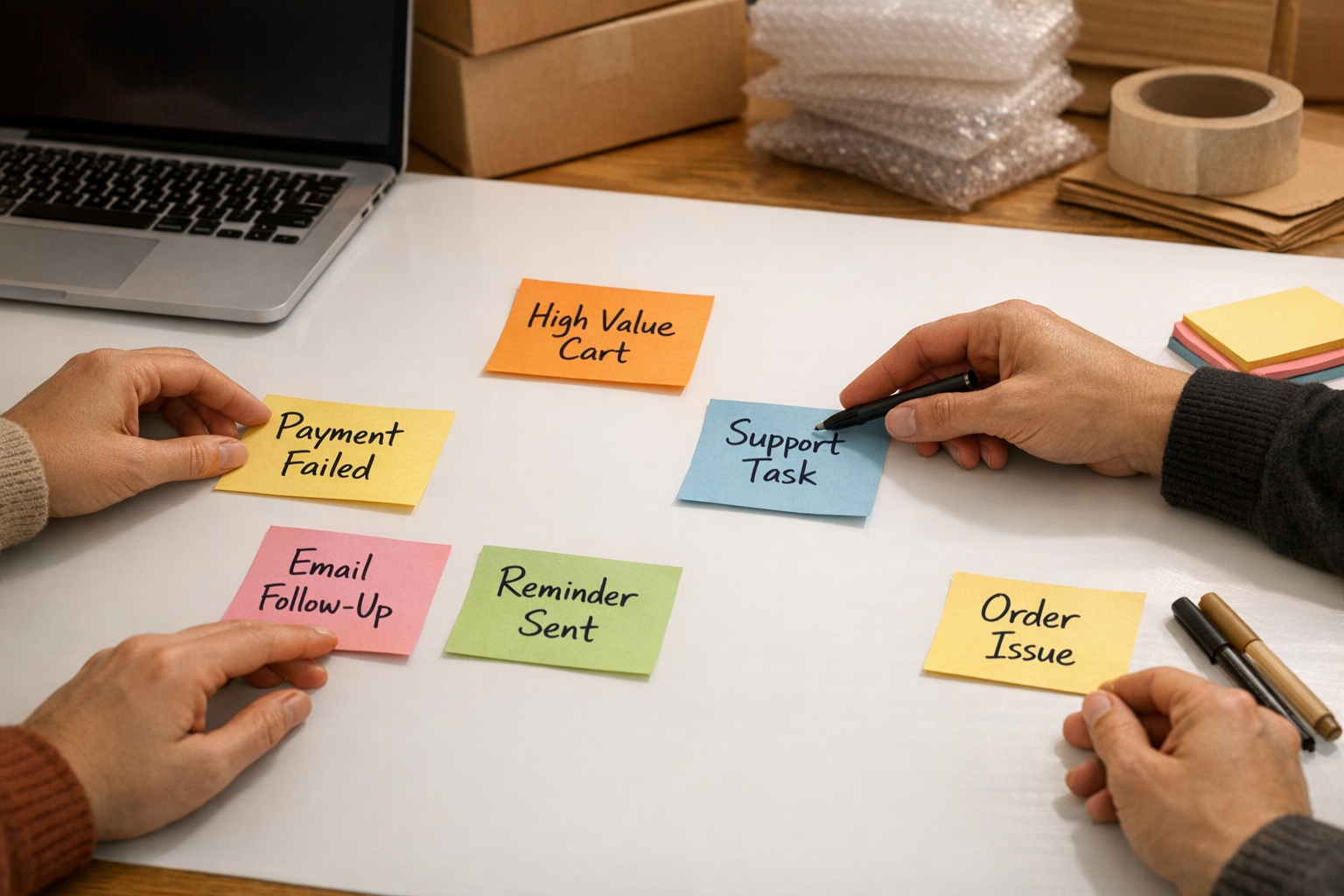 A workspace scene with hands arranging sticky notes for an ecommerce checkout recovery automation plan.