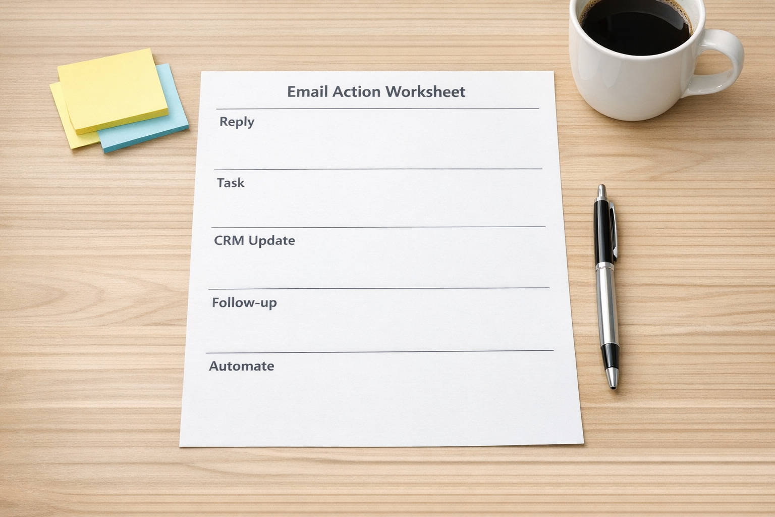 A simple printed worksheet for categorizing email action items into reply, task, CRM update, follow-up, and automation trigger.
