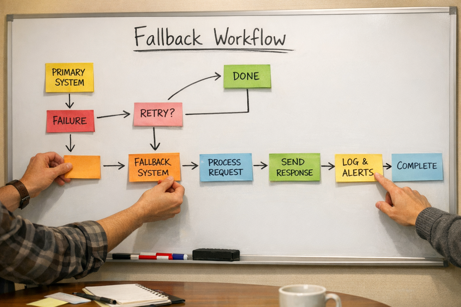 A team workspace whiteboard showing a simple fallback workflow plan with sticky notes and hand-drawn arrows.