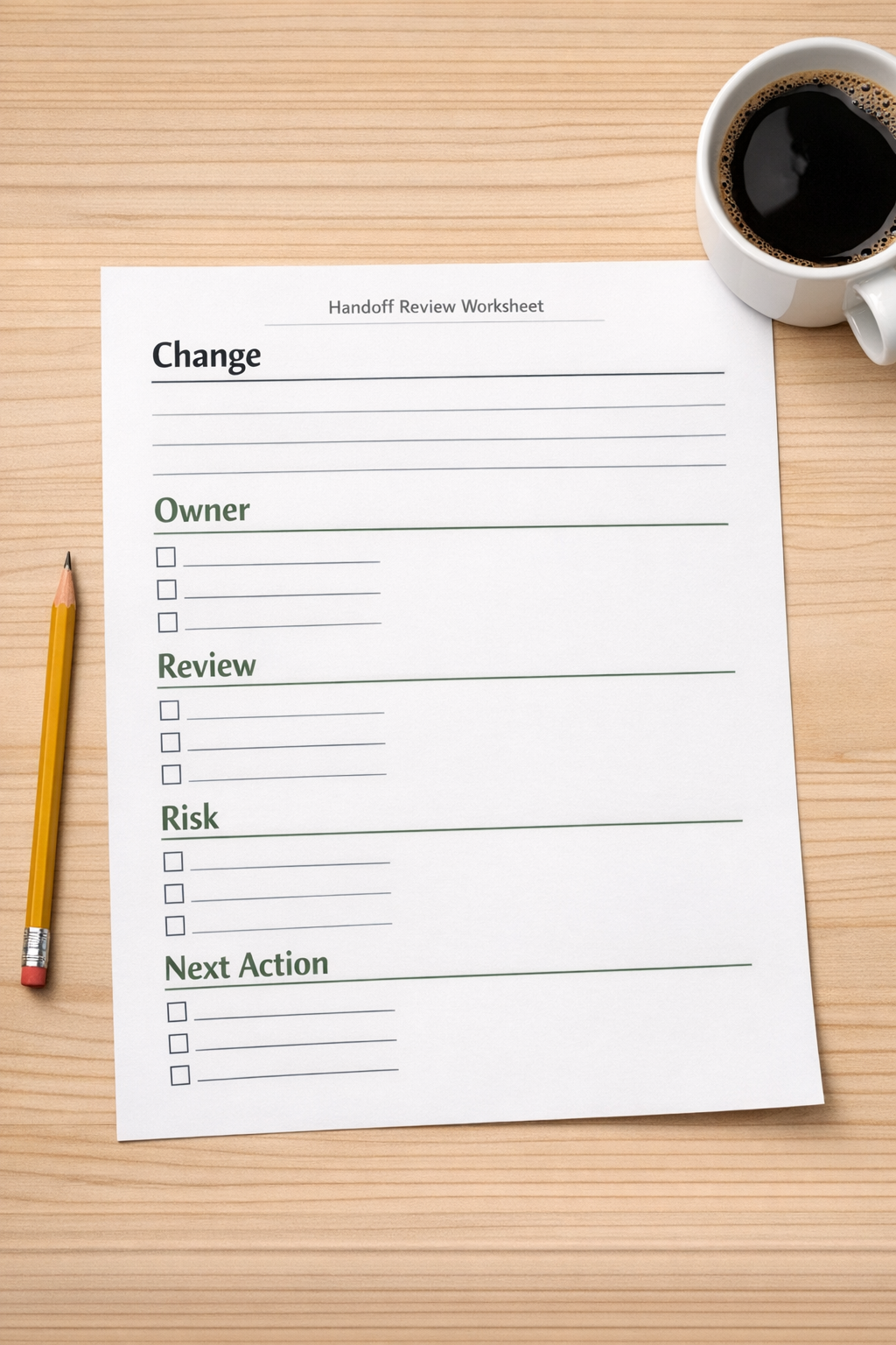 A printed handoff review worksheet with simple sections for changes, owner, review needed, and next action.