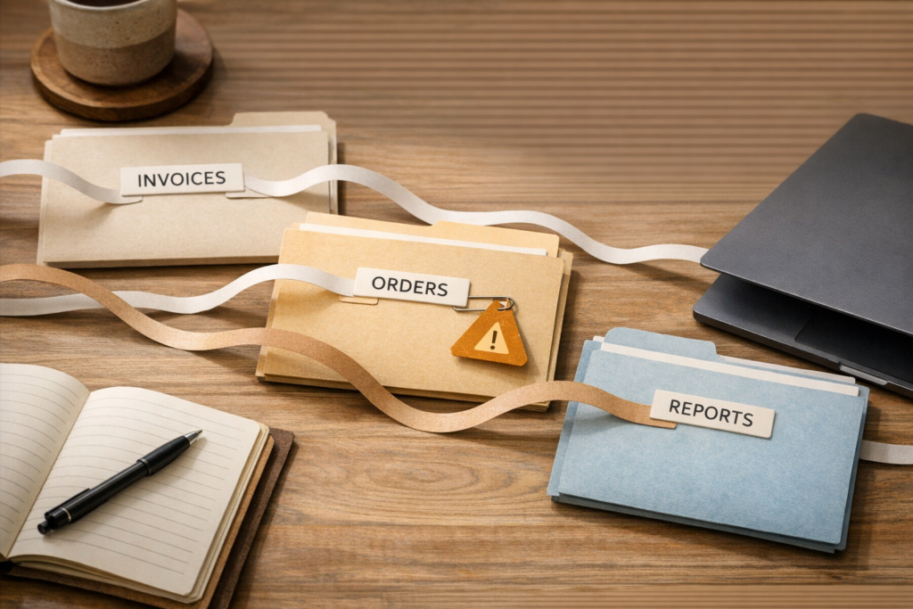 A calm office desk with a small warning tag beside connected business tools, representing hidden automation costs.