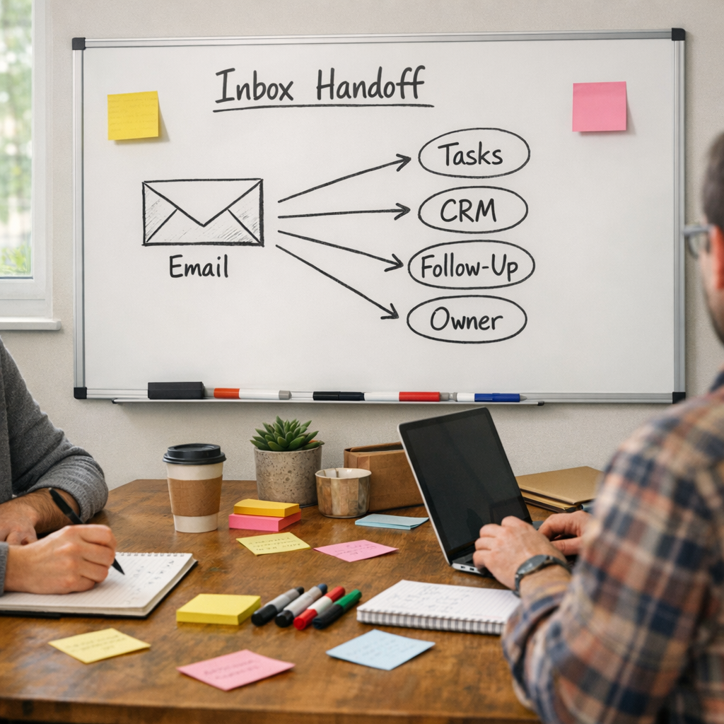 A workspace whiteboard showing a practical inbox handoff plan from email to tasks, CRM updates, and follow-ups.