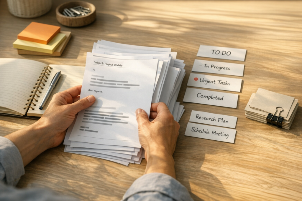 A calm office desk with printed emails, sticky notes, and task cards showing email requests being organized into operational work.