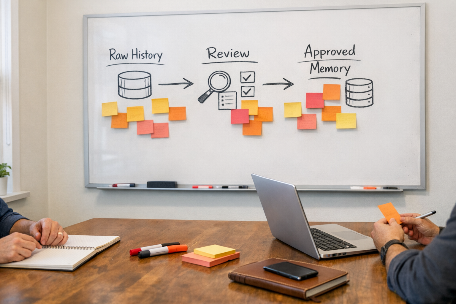 A workspace scene with sticky notes and a whiteboard sketch showing how raw history becomes approved AI agent memory.