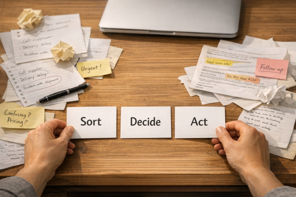 A calm office desk with scattered notes being organized into clear action cards beside a laptop.