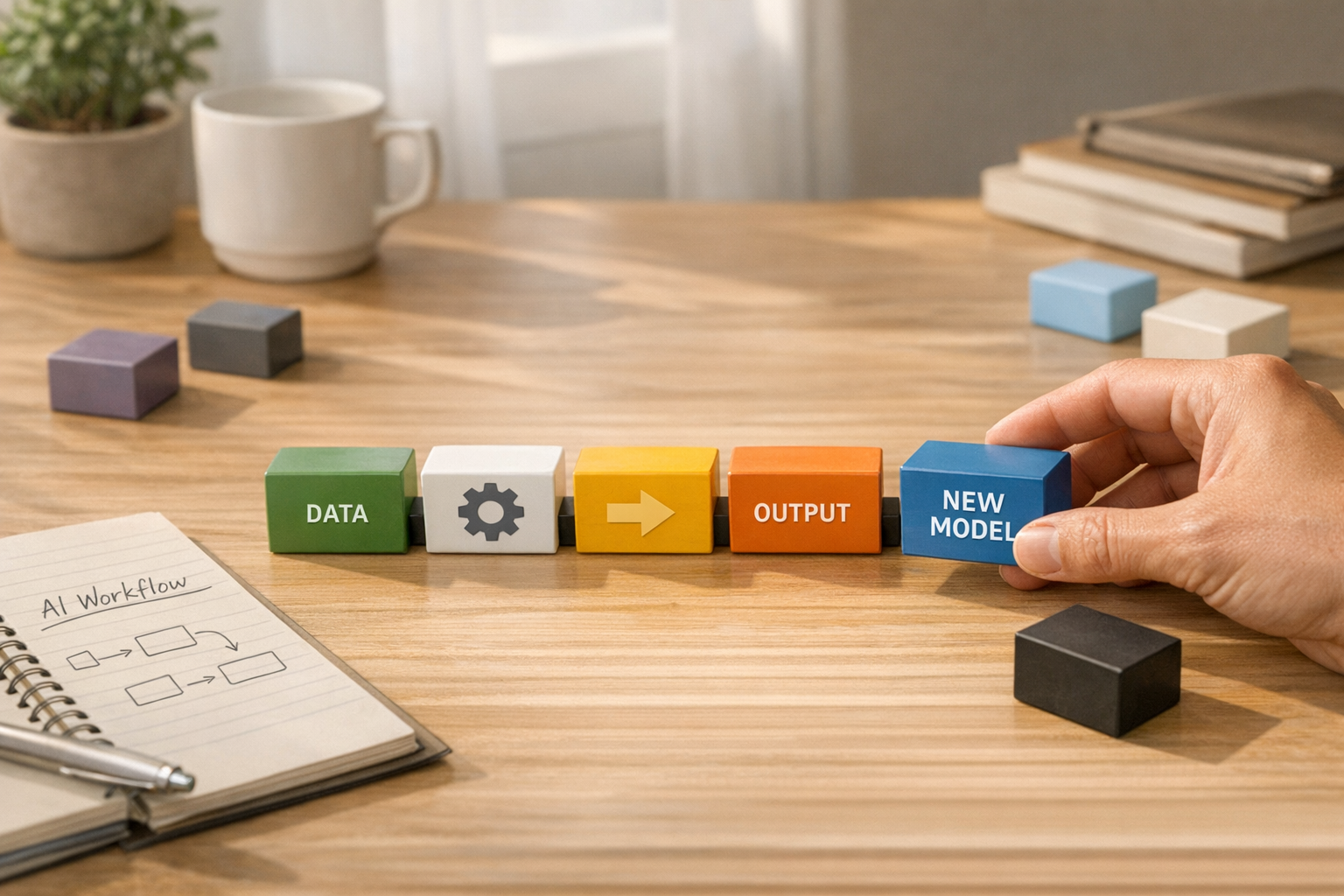 A calm office desk with interchangeable blocks representing AI workflow components and fallback options