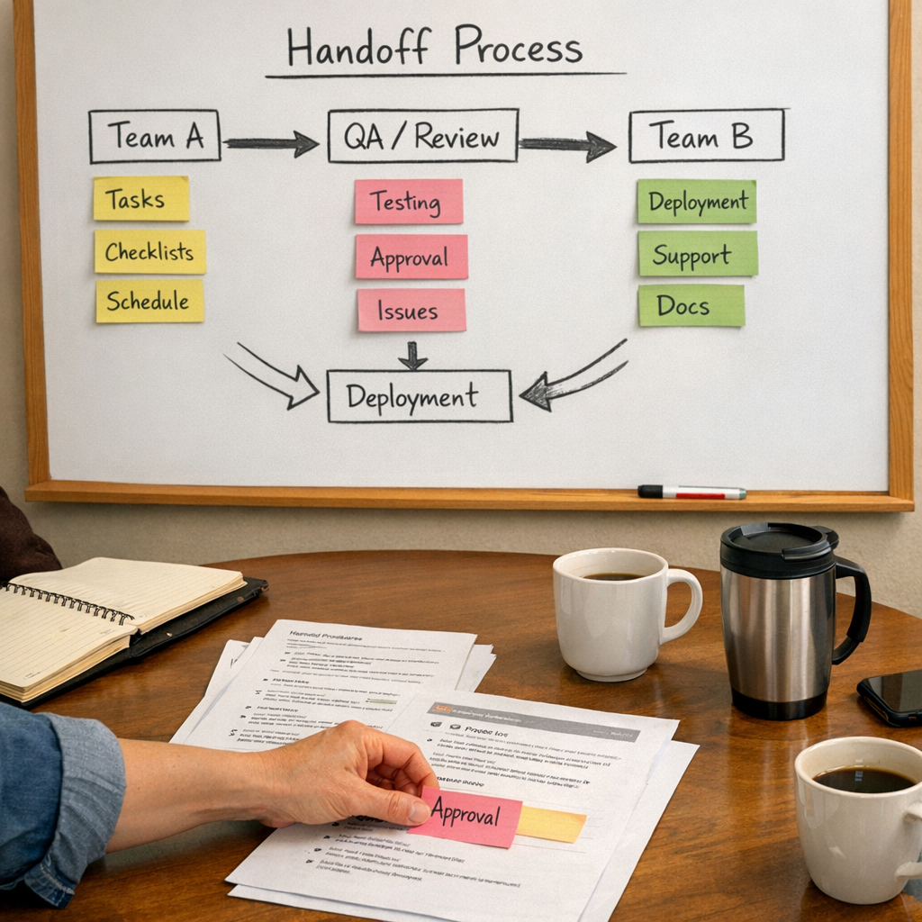 A team workspace with hands arranging sticky notes on a whiteboard to plan an AI-supported business workflow.