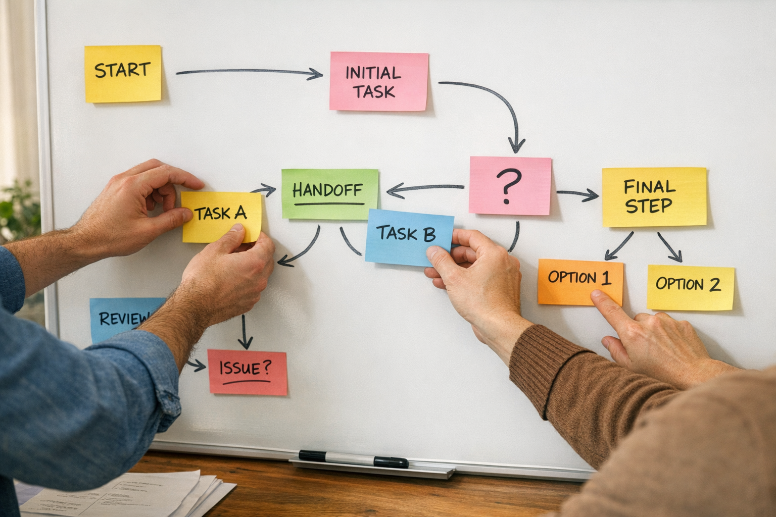 A workspace scene with hands arranging sticky notes on a whiteboard for an operator handoff process.