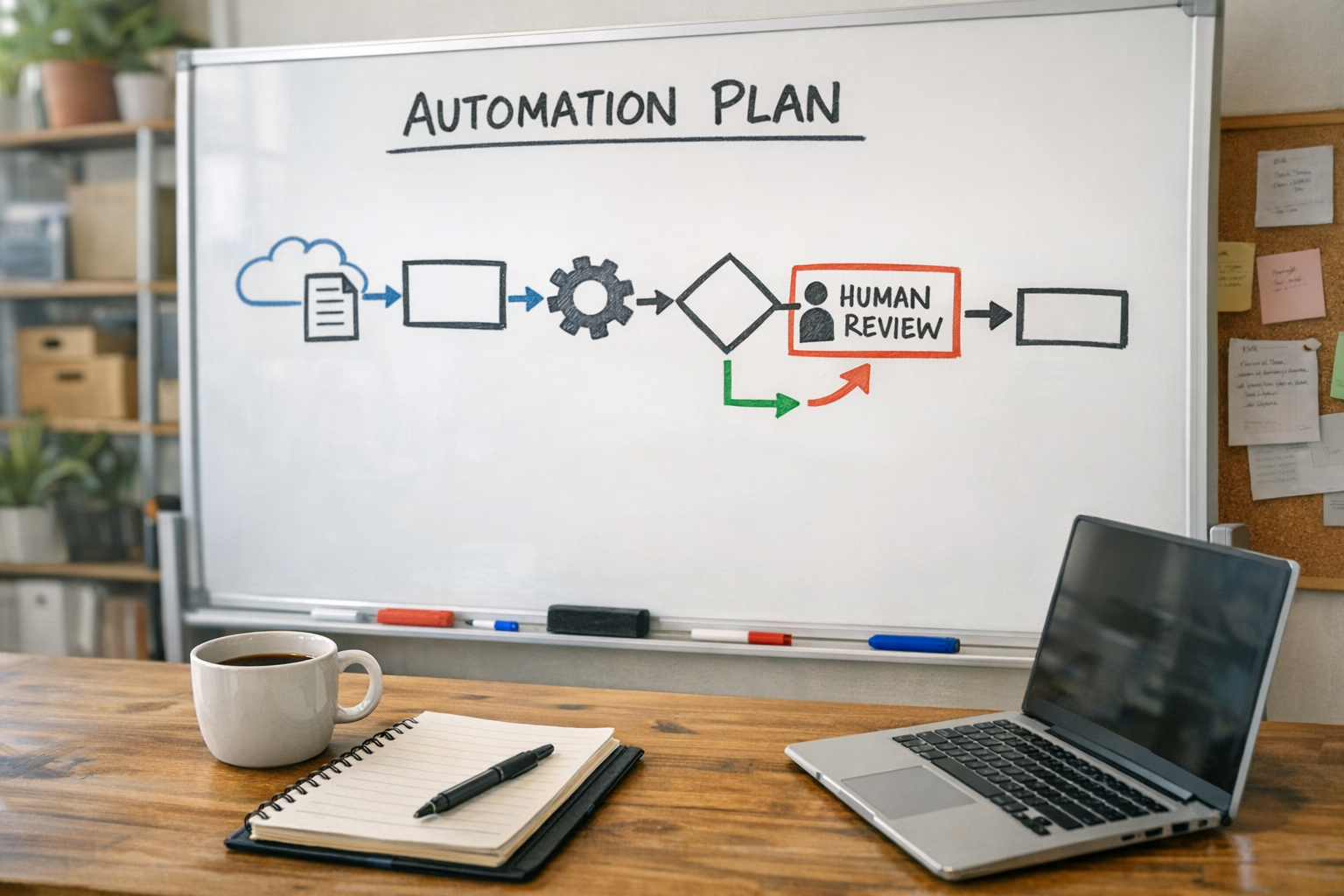 An operator workspace with a whiteboard sketch showing a simple automation plan and human review checkpoint.