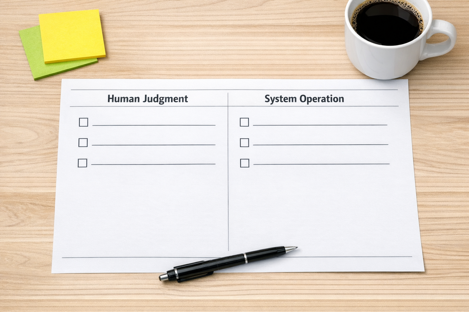 A printed worksheet showing two columns for human judgment and system operation in a workflow planning exercise.