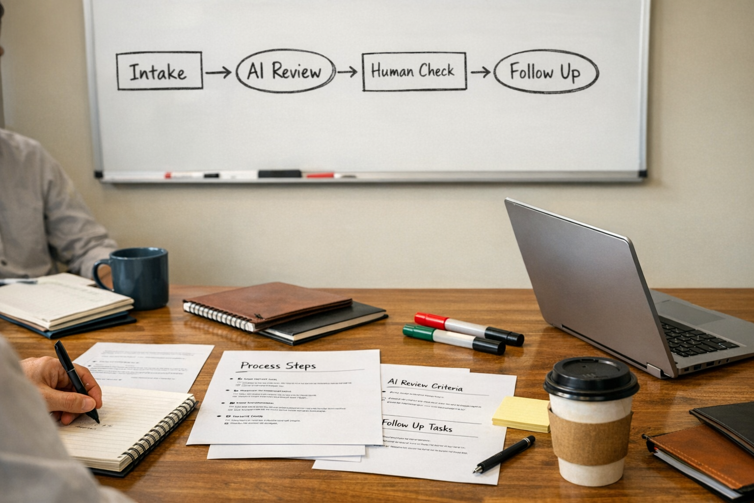 A team workspace with a whiteboard sketch of an AI-assisted workflow and operator notes on a desk.