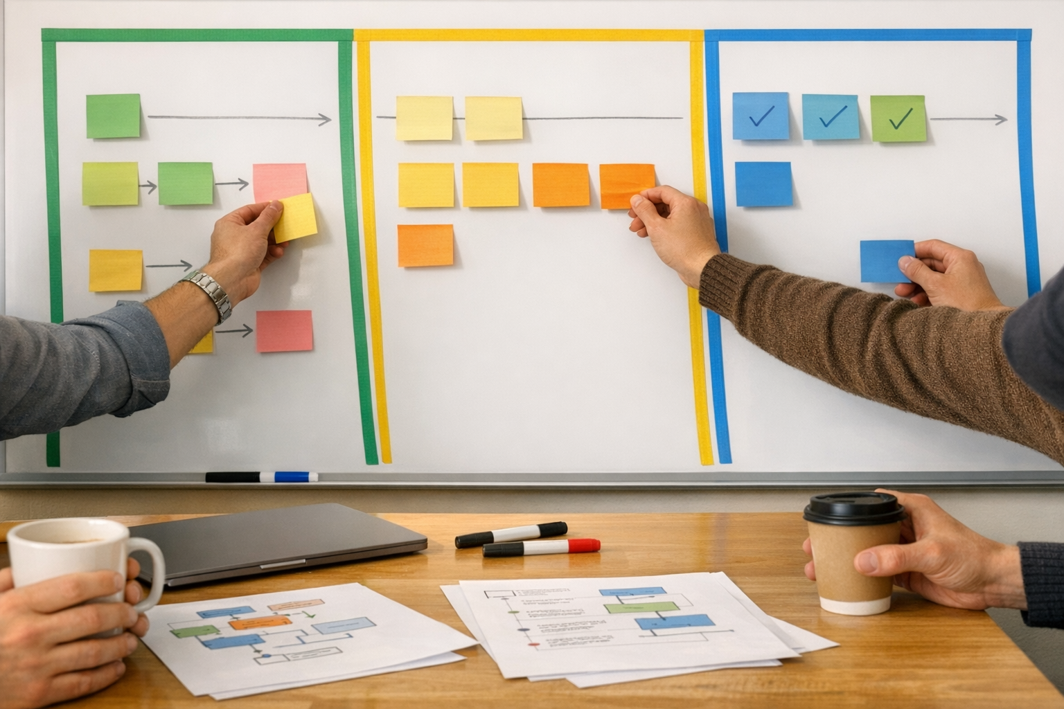 A team workspace with hands arranging sticky notes on a whiteboard for current workflows, pending changes, and approved automation updates.